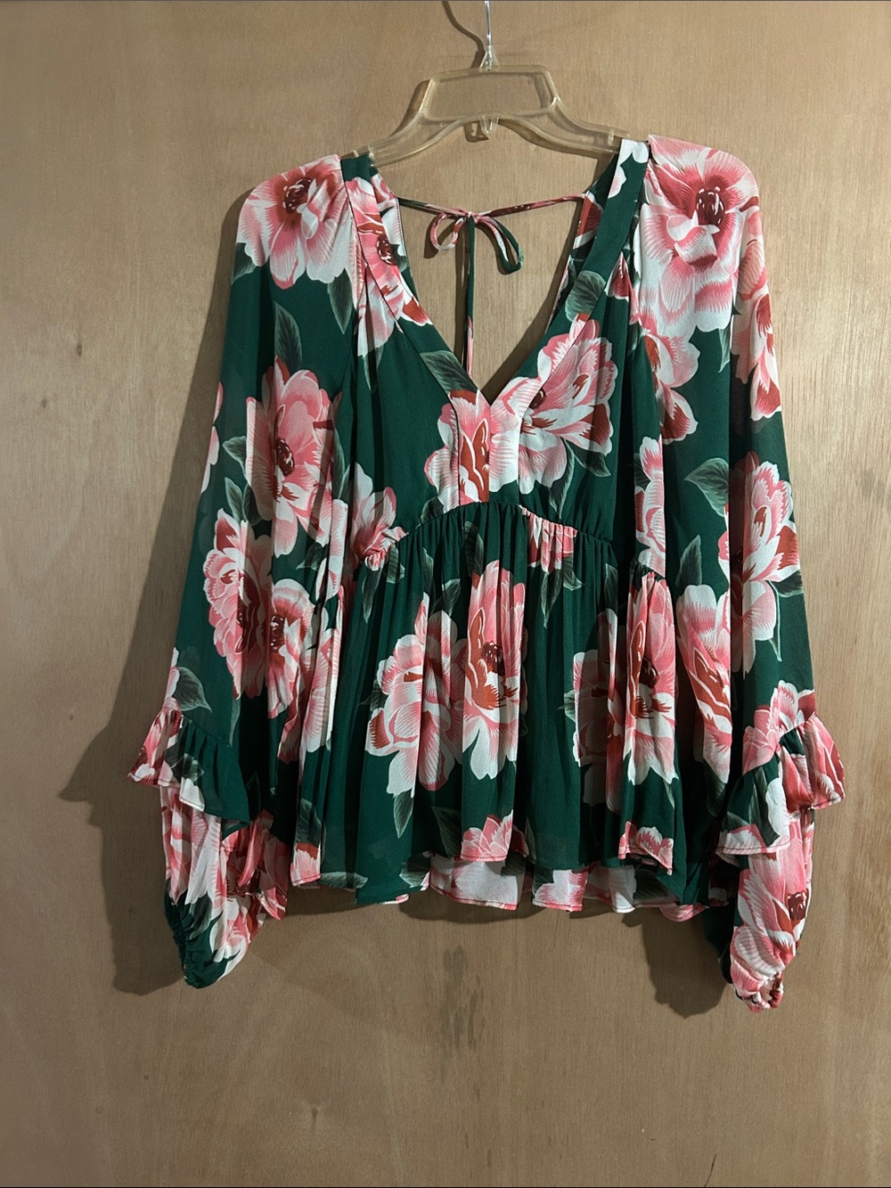 Farm by Anthropologie Women's Floral V-Neck Peasant Top - Green & Pink